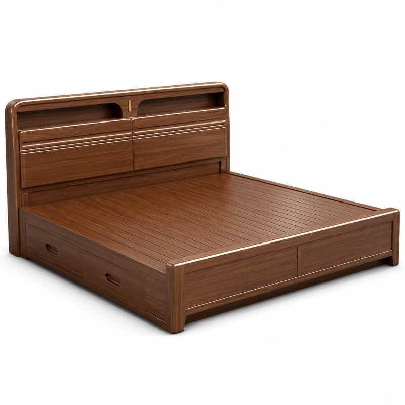 Solid Wood Storage Bed – Modern Walnut