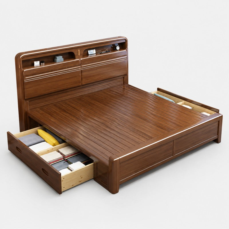 Solid Wood Storage Bed – Modern Walnut