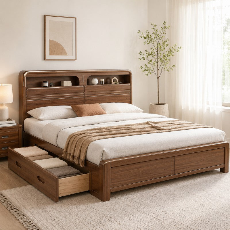 Solid Wood Storage Bed – Modern Walnut