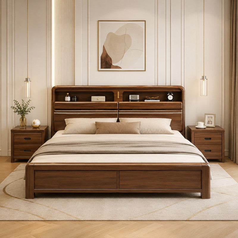 Solid Wood Storage Bed – Modern Walnut