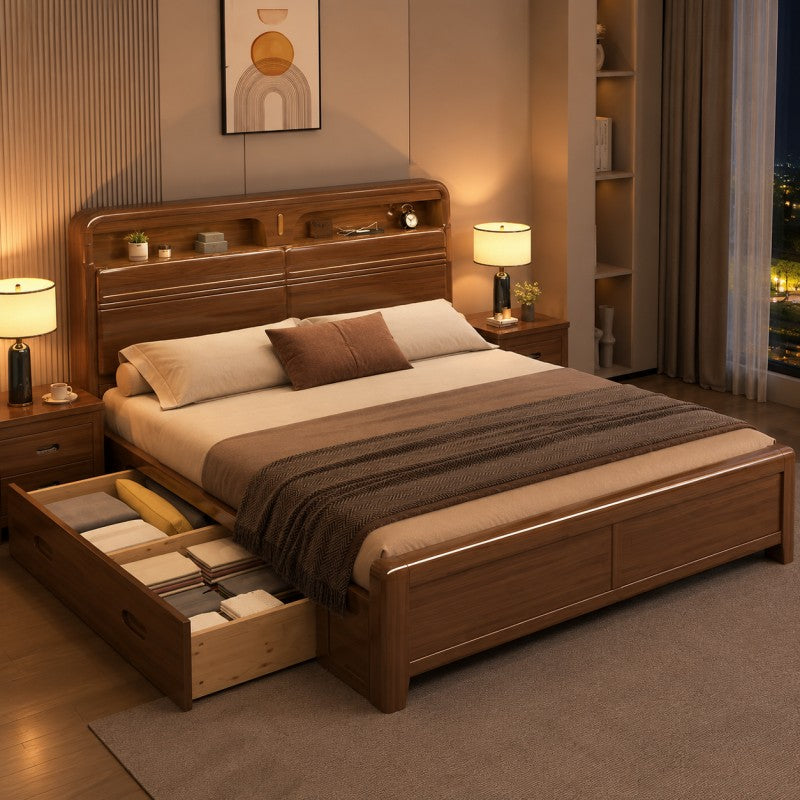 Solid Wood Storage Bed – Modern Walnut