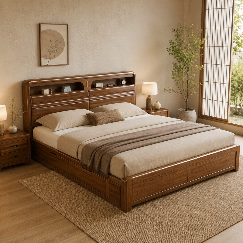 Solid Wood Storage Bed – Modern Walnut