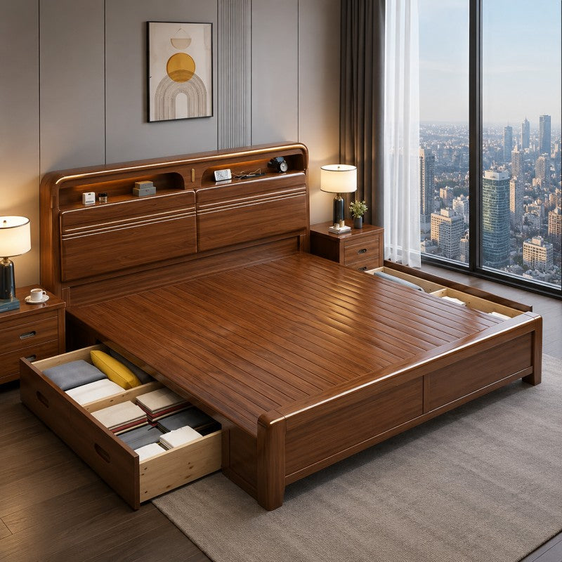 Solid Wood Storage Bed – Modern Walnut