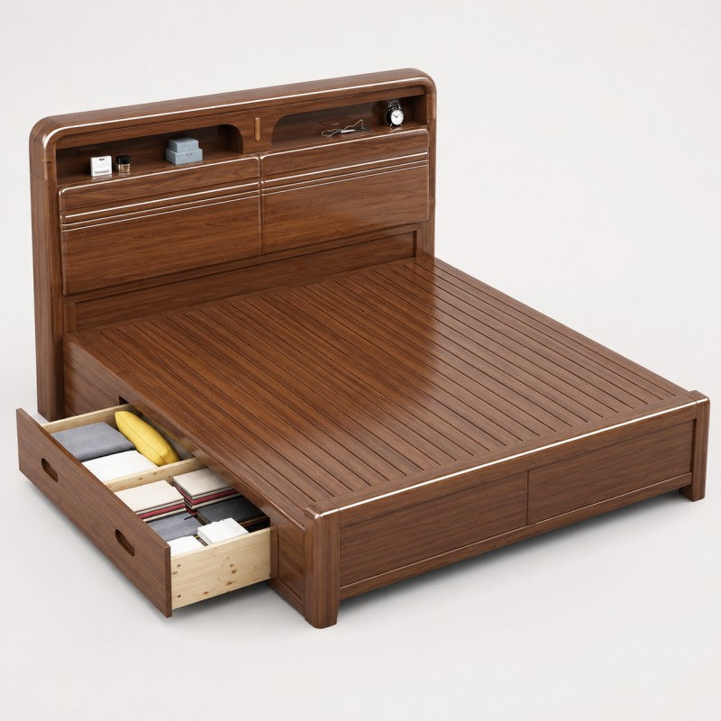 Solid Wood Storage Bed – Modern Walnut