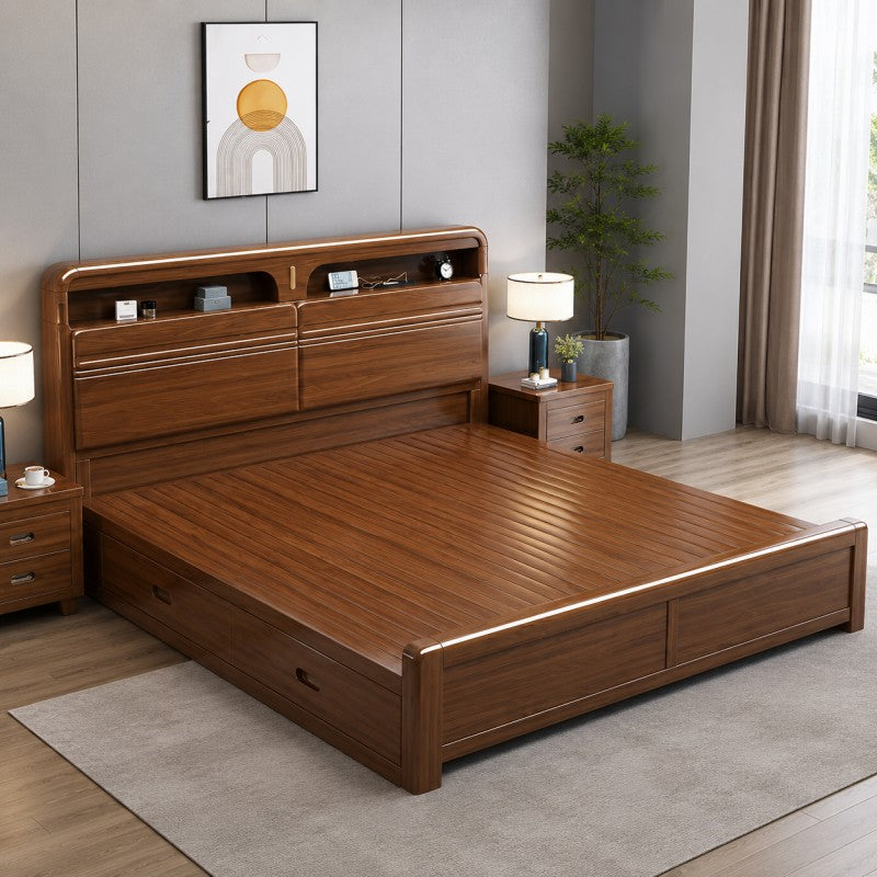 Solid Wood Storage Bed – Modern Walnut