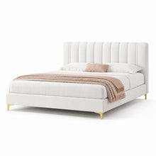 Modern Upholstered Bed – Vertical Channel Headboard, Gold Legs
