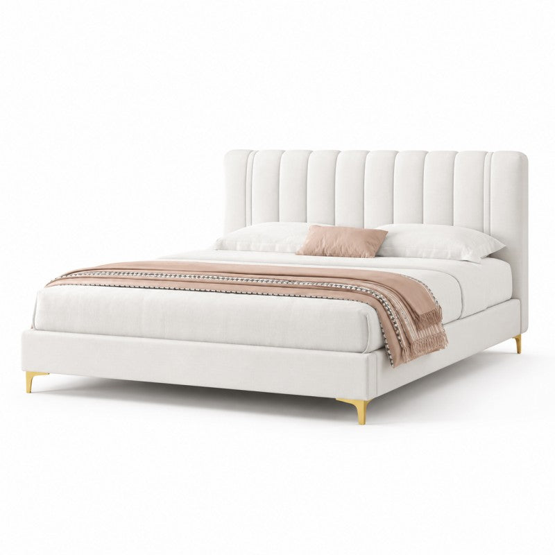 Modern Upholstered Bed – Vertical Channel Headboard, Gold Legs