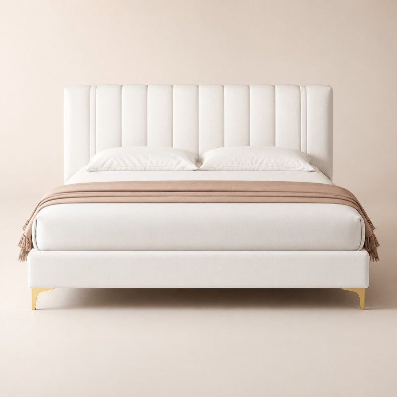 Modern Upholstered Bed – Vertical Channel Headboard, Gold Legs
