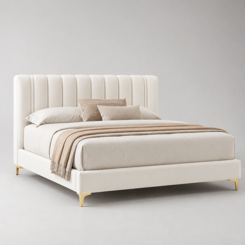 Modern Upholstered Bed – Vertical Channel Headboard, Gold Legs