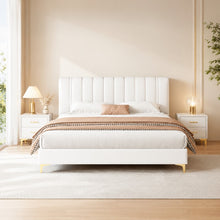 Modern Upholstered Bed – Vertical Channel Headboard, Gold Legs