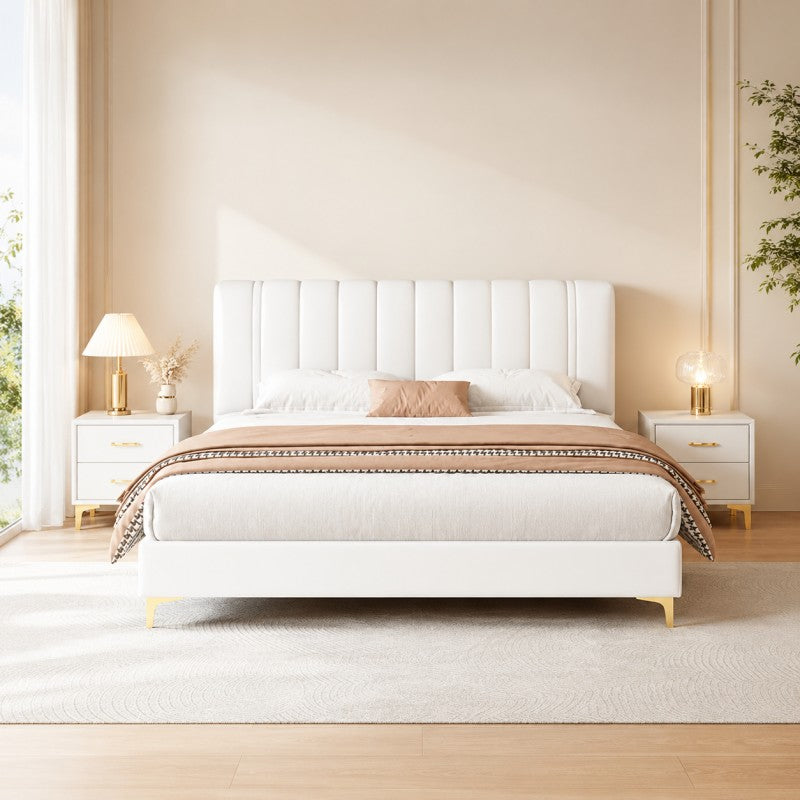 Modern Upholstered Bed – Vertical Channel Headboard, Gold Legs