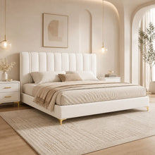 Modern Upholstered Bed – Vertical Channel Headboard, Gold Legs