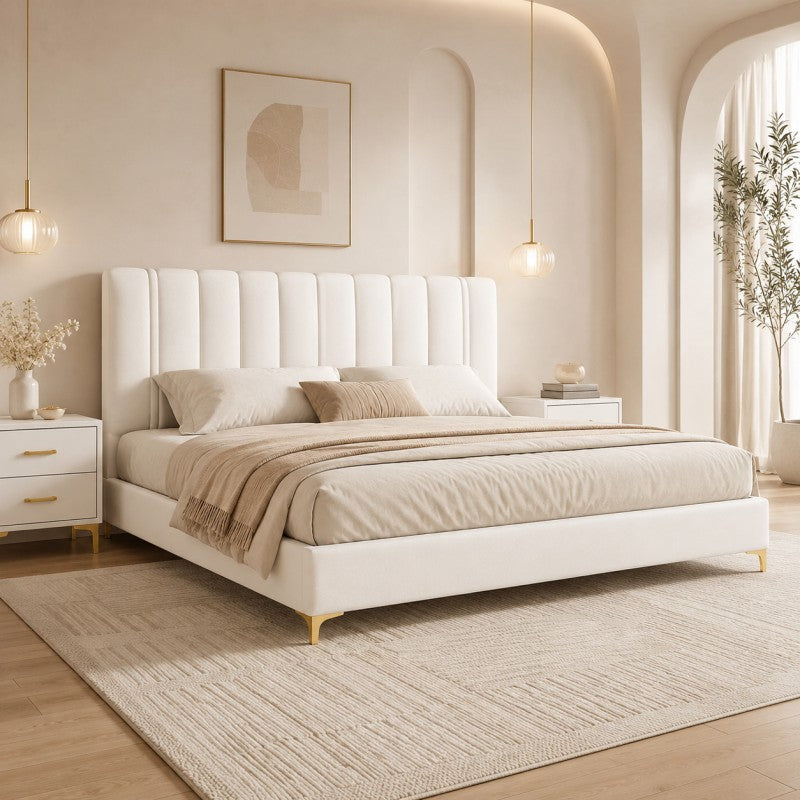 Modern Upholstered Bed – Vertical Channel Headboard, Gold Legs