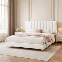 Modern Upholstered Bed – Vertical Channel Headboard, Gold Legs