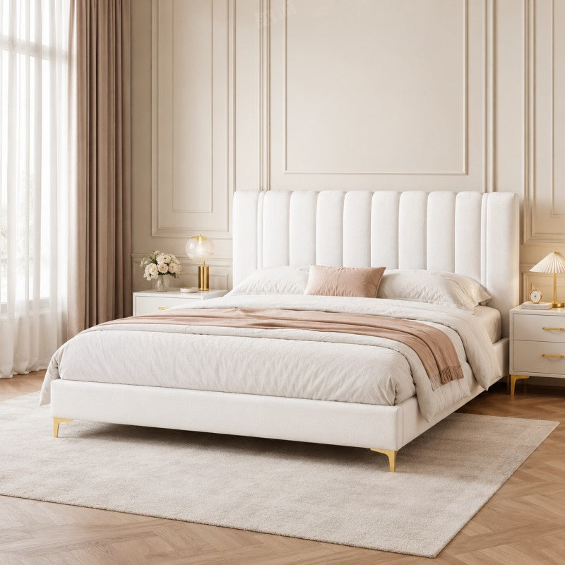 Modern Upholstered Bed – Vertical Channel Headboard, Gold Legs