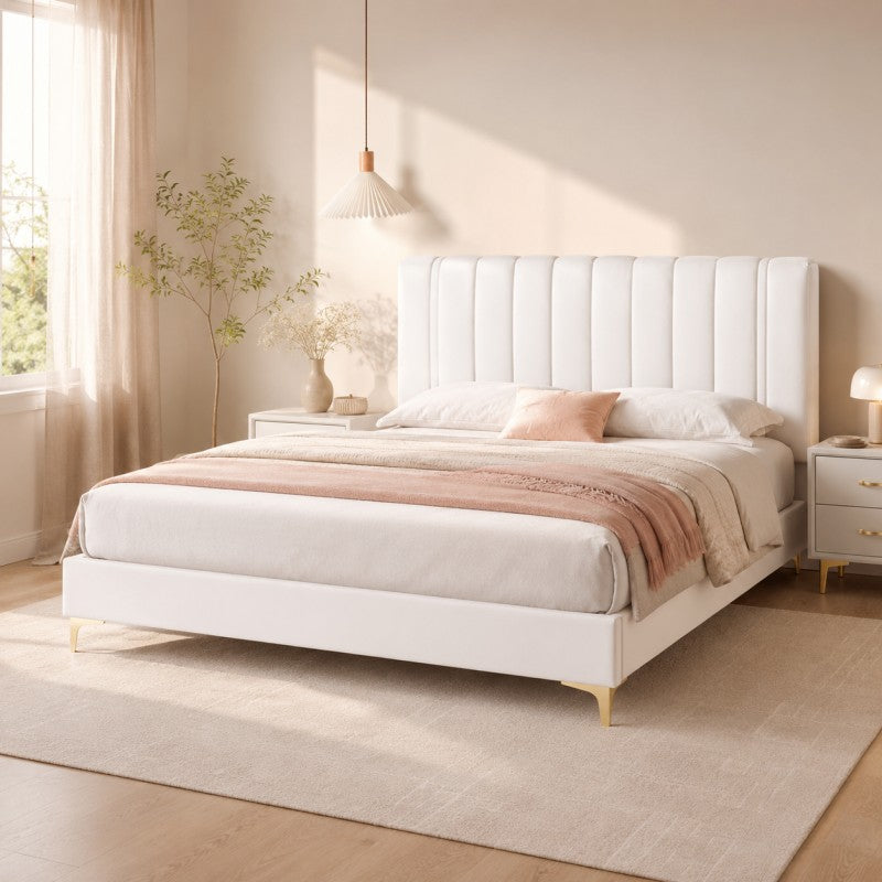 Modern Upholstered Bed – Vertical Channel Headboard, Gold Legs