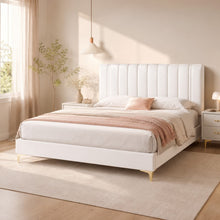 Modern Upholstered Bed – Vertical Channel Headboard, Gold Legs