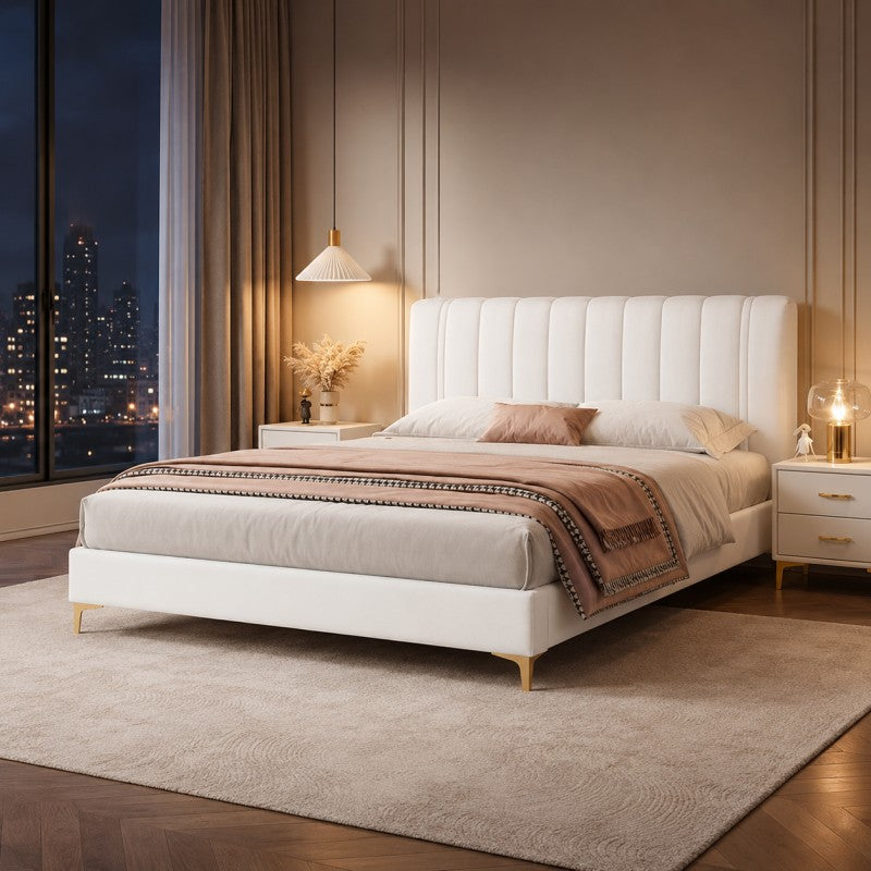 Modern Upholstered Bed – Vertical Channel Headboard, Gold Legs
