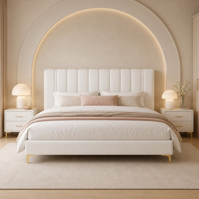 Modern Upholstered Bed – Vertical Channel Headboard, Gold Legs