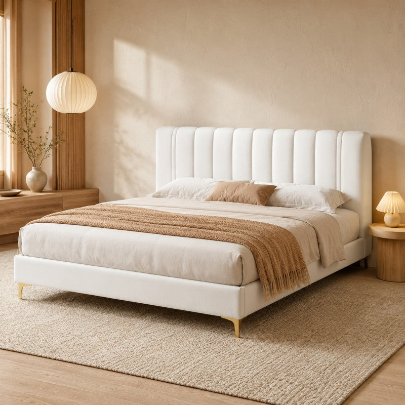 Modern Upholstered Bed – Vertical Channel Headboard, Gold Legs