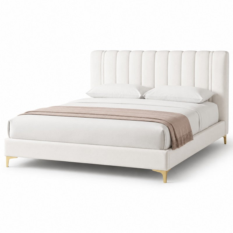 Modern Upholstered Bed – Vertical Channel Headboard, Gold Legs
