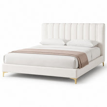 Modern Upholstered Bed – Vertical Channel Headboard, Gold Legs