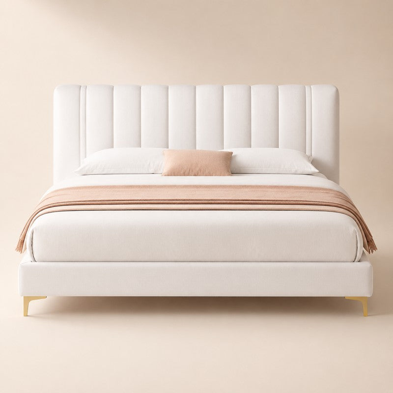 Modern Upholstered Bed – Vertical Channel Headboard, Gold Legs