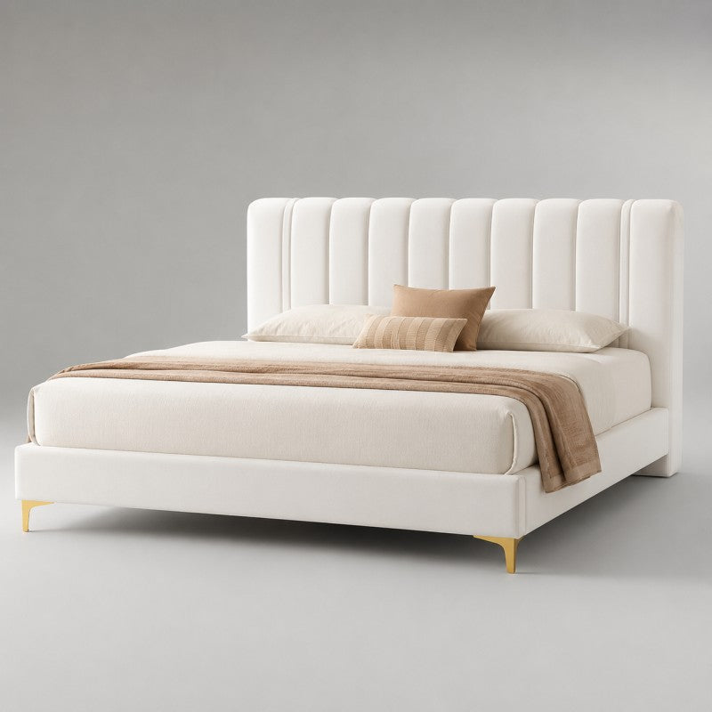 Modern Upholstered Bed – Vertical Channel Headboard, Gold Legs