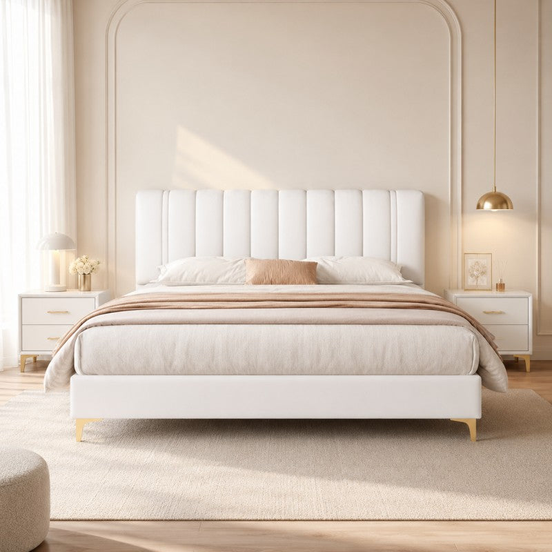 Modern Upholstered Bed – Vertical Channel Headboard, Gold Legs