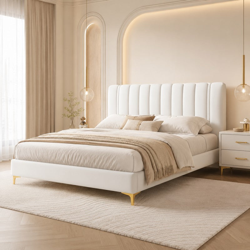 Modern Upholstered Bed – Vertical Channel Headboard, Gold Legs