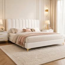 Modern Upholstered Bed – Vertical Channel Headboard, Gold Legs