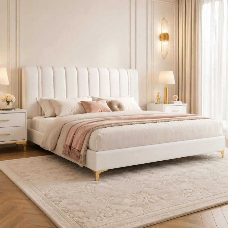 Modern Upholstered Bed – Vertical Channel Headboard, Gold Legs