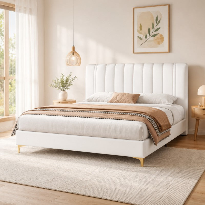 Modern Upholstered Bed – Vertical Channel Headboard, Gold Legs