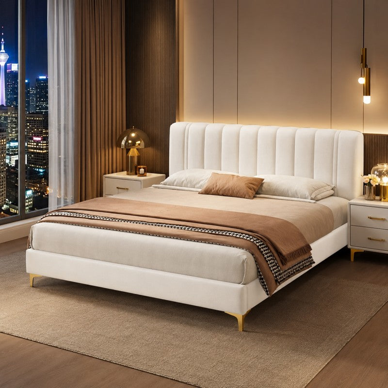 Modern Upholstered Bed – Vertical Channel Headboard, Gold Legs