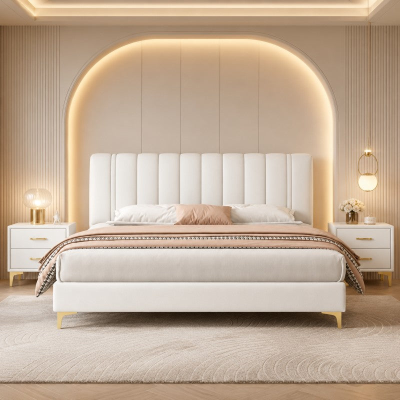 Modern Upholstered Bed – Vertical Channel Headboard, Gold Legs