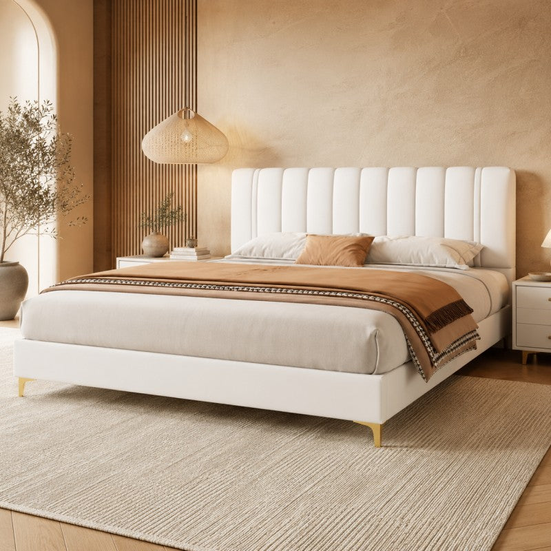 Modern Upholstered Bed – Vertical Channel Headboard, Gold Legs