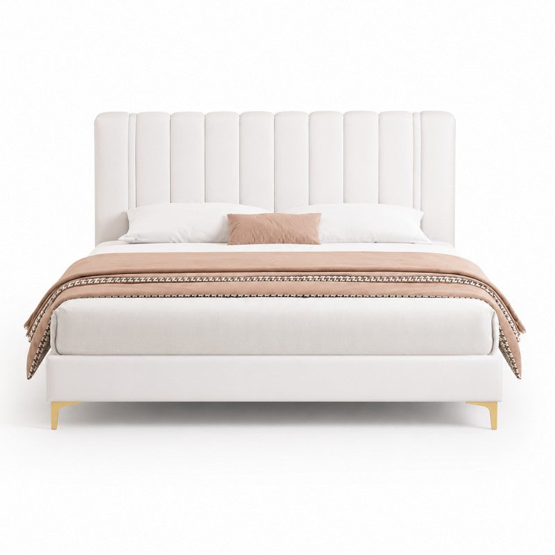 Modern Upholstered Bed – Vertical Channel Headboard, Gold Legs