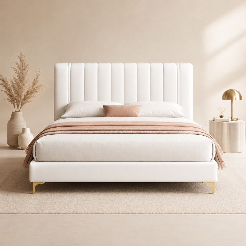 Modern Upholstered Bed – Vertical Channel Headboard, Gold Legs