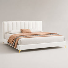 Modern Upholstered Bed – Vertical Channel Headboard, Gold Legs