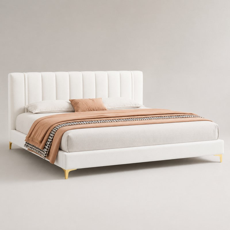 Modern Upholstered Bed – Vertical Channel Headboard, Gold Legs