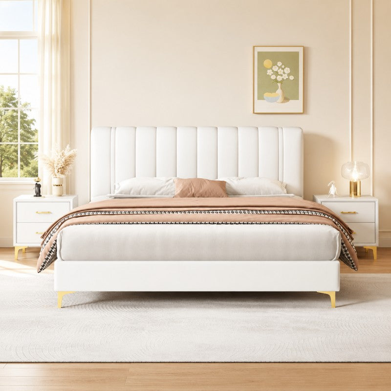 Modern Upholstered Bed – Vertical Channel Headboard, Gold Legs