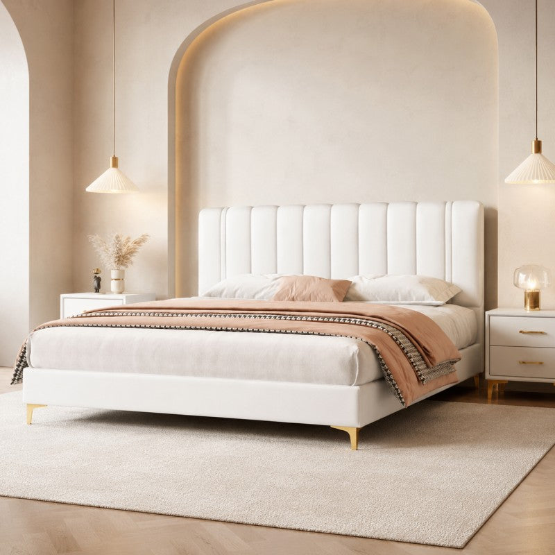 Modern Upholstered Bed – Vertical Channel Headboard, Gold Legs