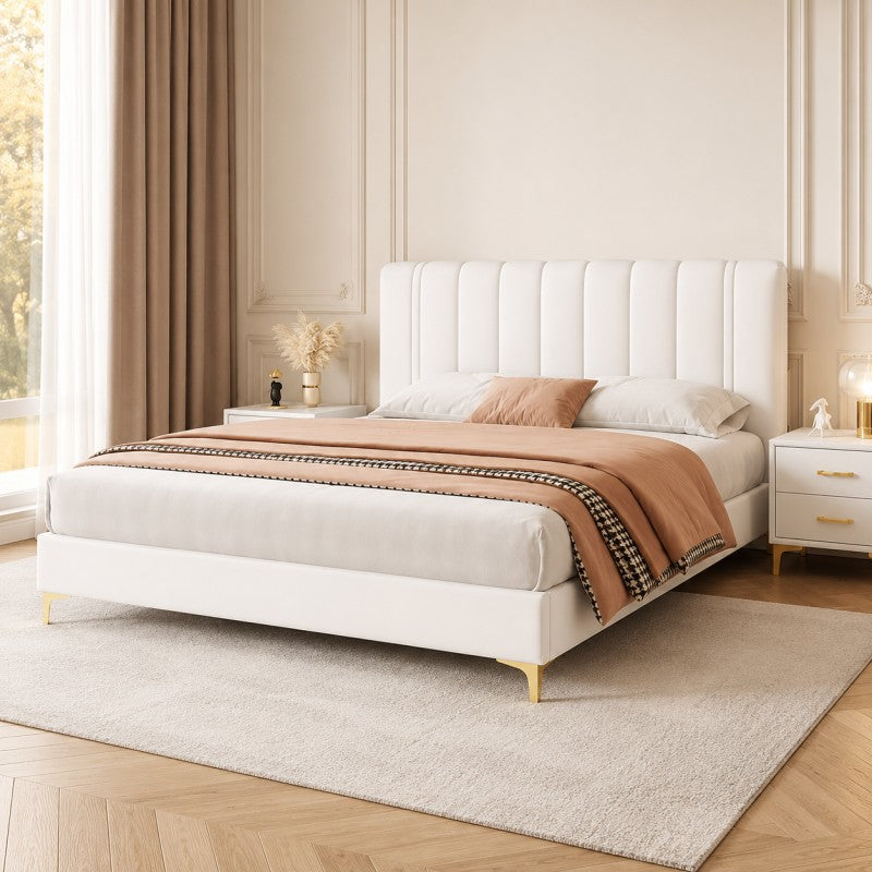 Modern Upholstered Bed – Vertical Channel Headboard, Gold Legs