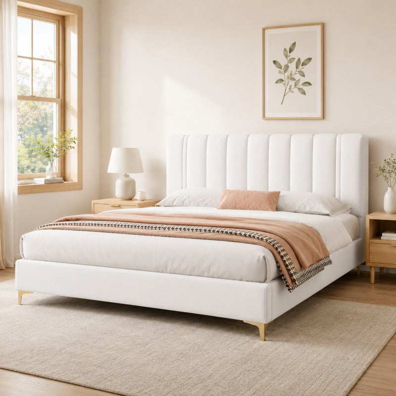 Modern Upholstered Bed – Vertical Channel Headboard, Gold Legs