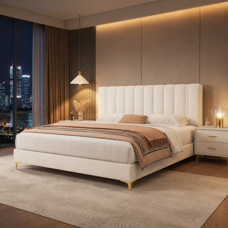 Modern Upholstered Bed – Vertical Channel Headboard, Gold Legs