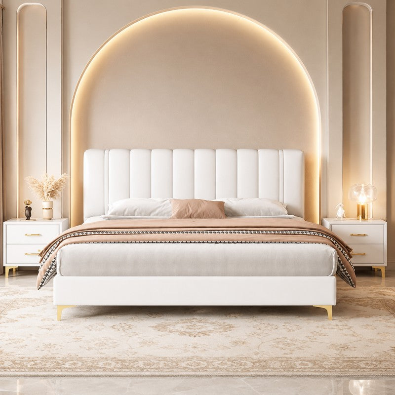 Modern Upholstered Bed – Vertical Channel Headboard, Gold Legs