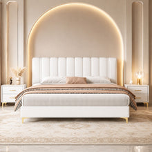 Modern Upholstered Bed – Vertical Channel Headboard, Gold Legs