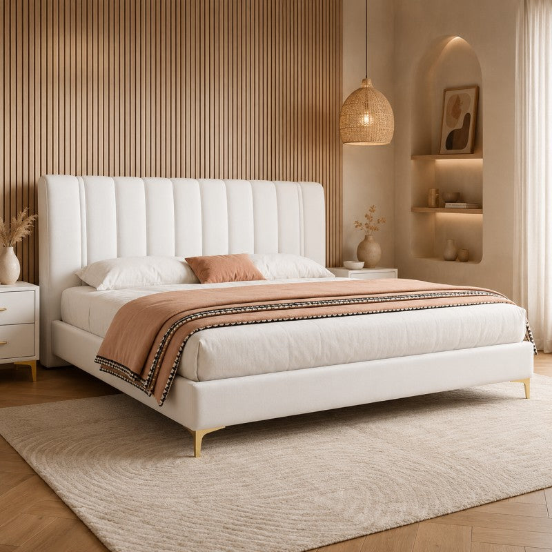 Modern Upholstered Bed – Vertical Channel Headboard, Gold Legs