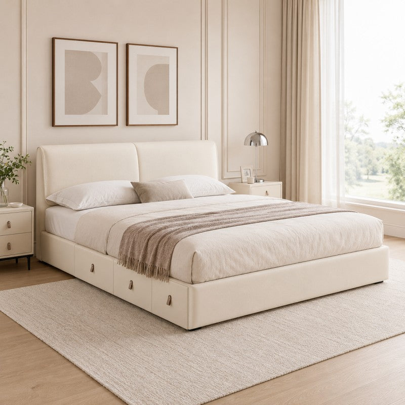 Cream Upholstered Storage Bed – Under-Bed Drawers