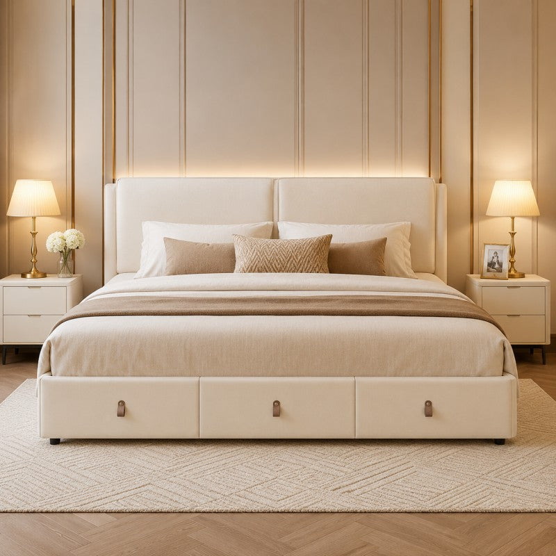 Cream Upholstered Storage Bed – Under-Bed Drawers